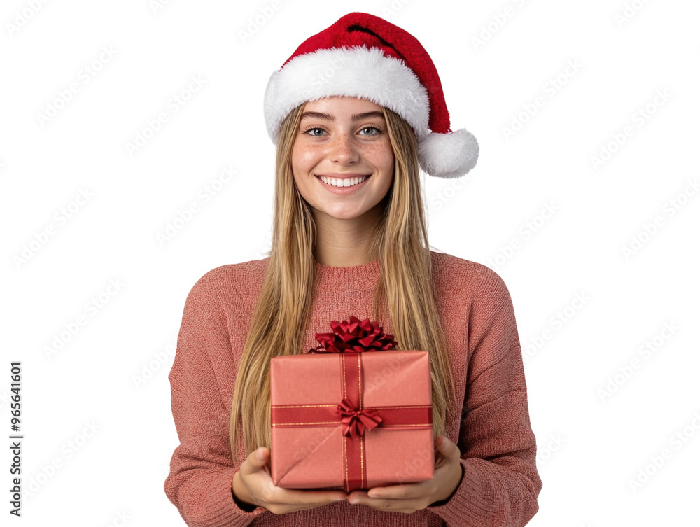 Smiling woman wearing a Santa hat holding a stack of Christmas gifts on a white background. PNG transparent. Smiling woman wearing a Santa hat holding a stack of Christmas gifts on a white background. PNG transparent.