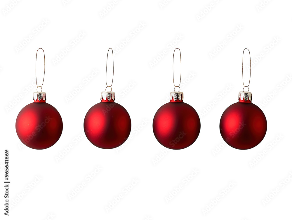 Four red Christmas baubles hanging in a row on a white background. PNG transparent. Four red Christmas baubles hanging in a row on a white background. PNG transparent.
