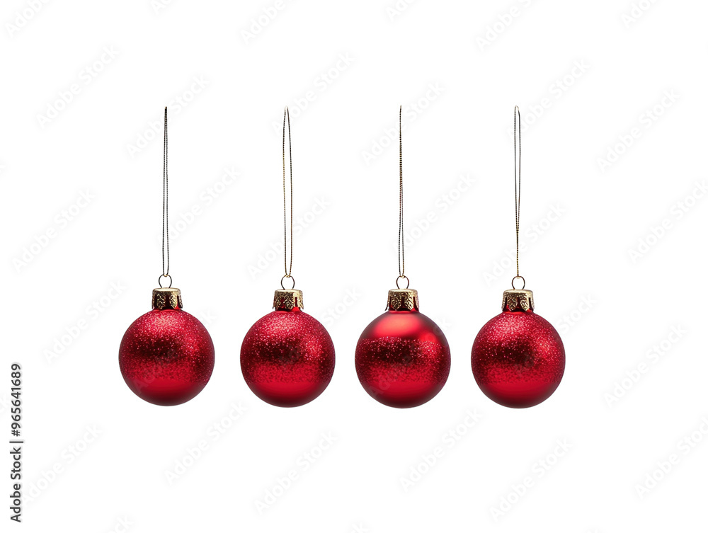 Four red Christmas baubles hanging in a row on a white background. PNG transparent. Four red Christmas baubles hanging in a row on a white background. PNG transparent.