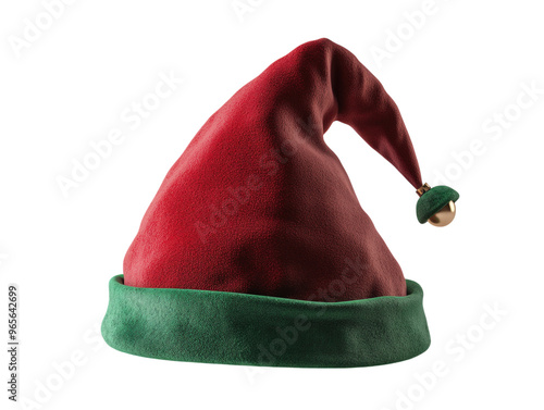 Red and green elf hat with small bells and a curved top on a white background.  PNG transparent. photo