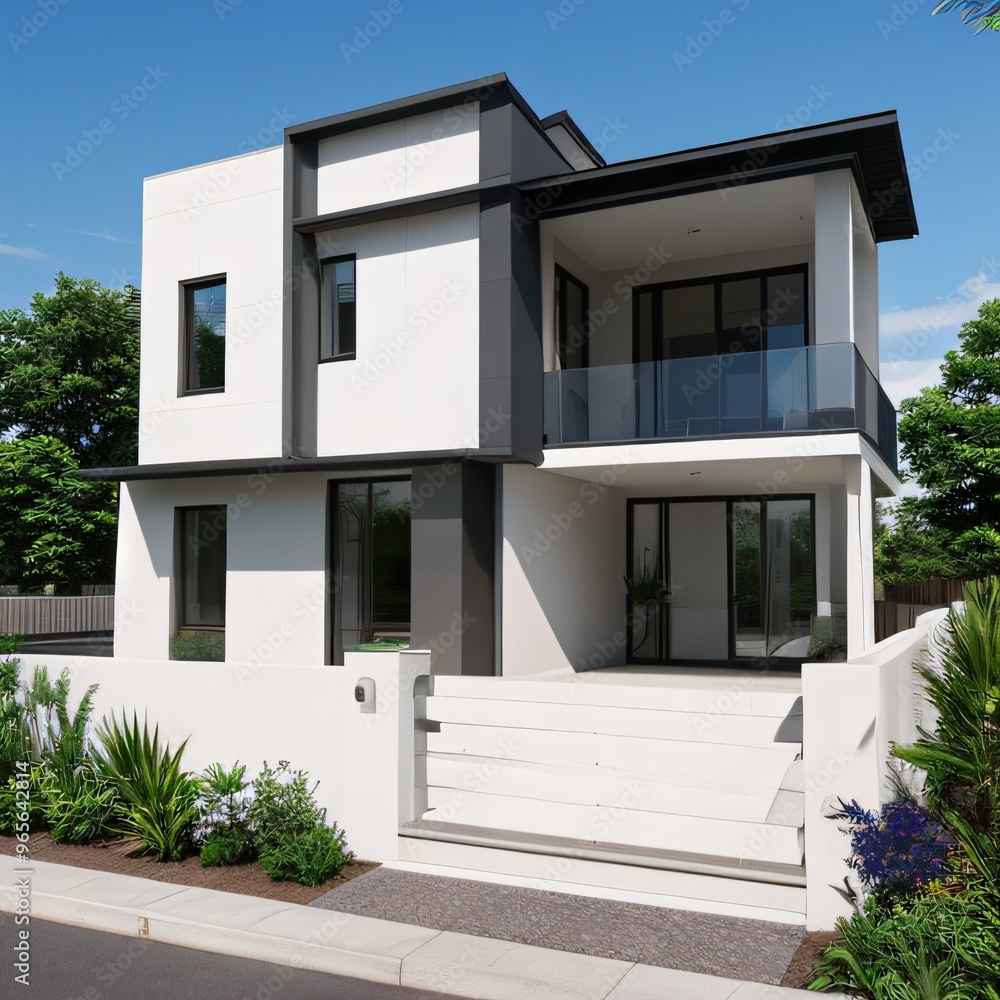 Modern luxury house with a well-manicured lawn..