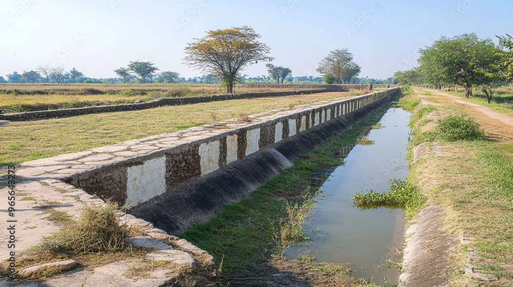 Agricultural canal dried up during severe summer drought heatwave, leading to water crisis stress on crops, highlighting the impact of climate change and long-term water shortages on rural farming Agricultural canal dried up during severe summer drought heatwave, leading to water crisis stress on crops, highlighting the impact of climate change and long-term water shortages on rural farming