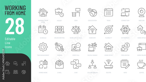 Working from home Line Editable Icons set. Vector illustration in thin line modern style of remotely work related icons: freelance, location, outsource, and more. Isolated on white