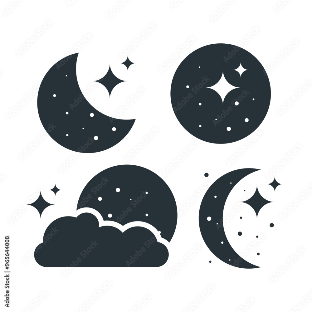 Minimalistic moon and stars icons in vector format, symbolizing night sky, calm, and tranquility. Perfect for use in design projects related to astronomy, sleep, or night themes Minimalistic moon and stars icons in vector format, symbolizing night sky, calm, and tranquility. Perfect for use in design projects related to astronomy, sleep, or night themes