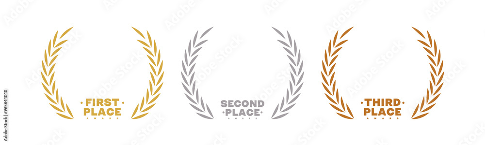 Elegant vector icons for first, second, and third place awards with laurel wreaths in gold, silver, and bronze. Perfect for competitions, achievements, and recognition of excellence Elegant vector icons for first, second, and third place awards with laurel wreaths in gold, silver, and bronze. Perfect for competitions, achievements, and recognition of excellence