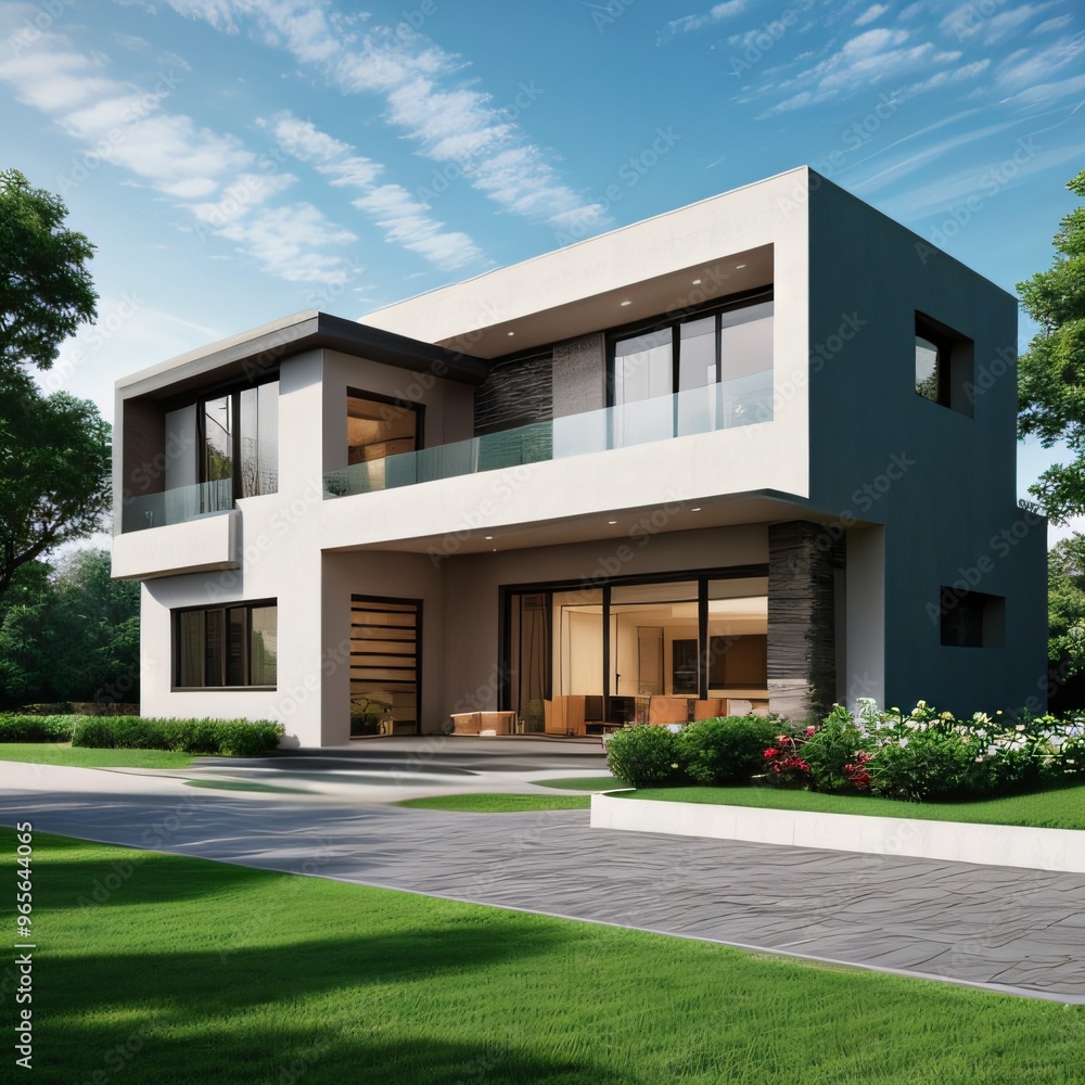 Fototapeta premium Modern luxury house with a well-manicured lawn..