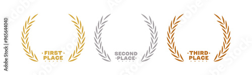 Elegant vector icons for first, second, and third place awards with laurel wreaths in gold, silver, and bronze. Perfect for competitions, achievements, and recognition of excellence