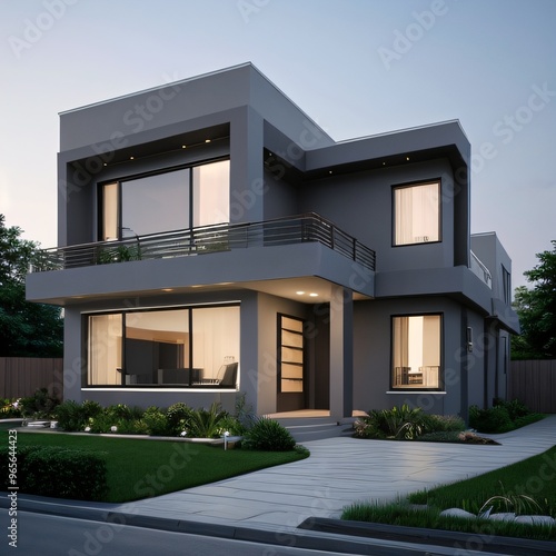 Modern luxury house with a well-manicured lawn..