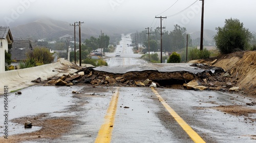 Rockslide blocks traffic lane on a rainy day along Santa Susana Pass Road in the Chatsworth area of Los Angeles, California, causing dangerous driving conditions creating road hazards for commuters photo