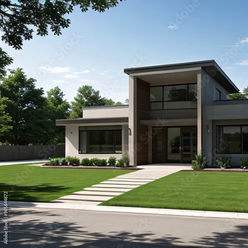 Modern luxury house with a well-manicured lawn..