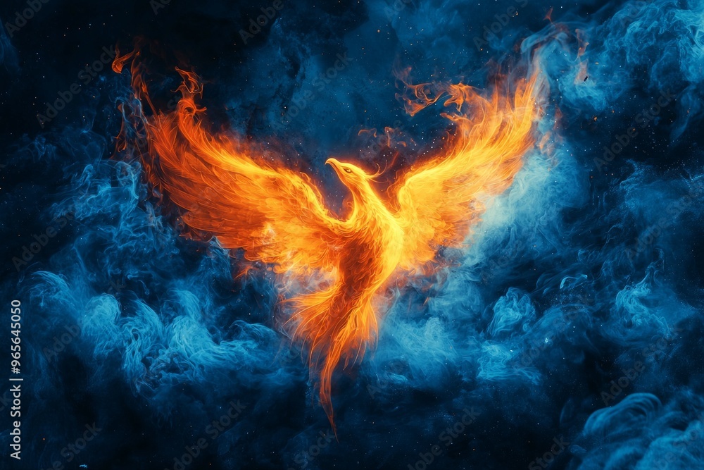Fototapeta premium An orange phoenix rising from blue flames against a dark backdrop. 