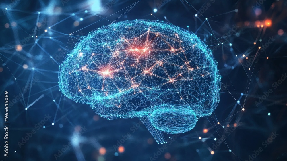 A detailed illustration of a human brain with neural connections highlighted, representing neuroscience. A detailed illustration of a human brain with neural connections highlighted, representing neuroscience.
