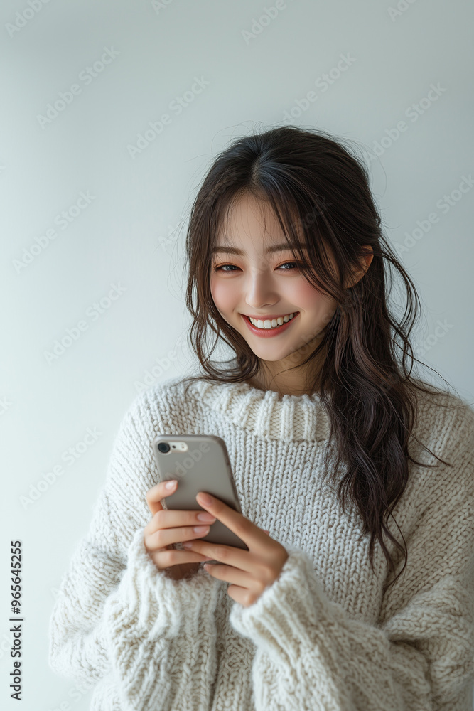 asian women holding mobile phone, happy smiling, white background asian women holding mobile phone, happy smiling, white background