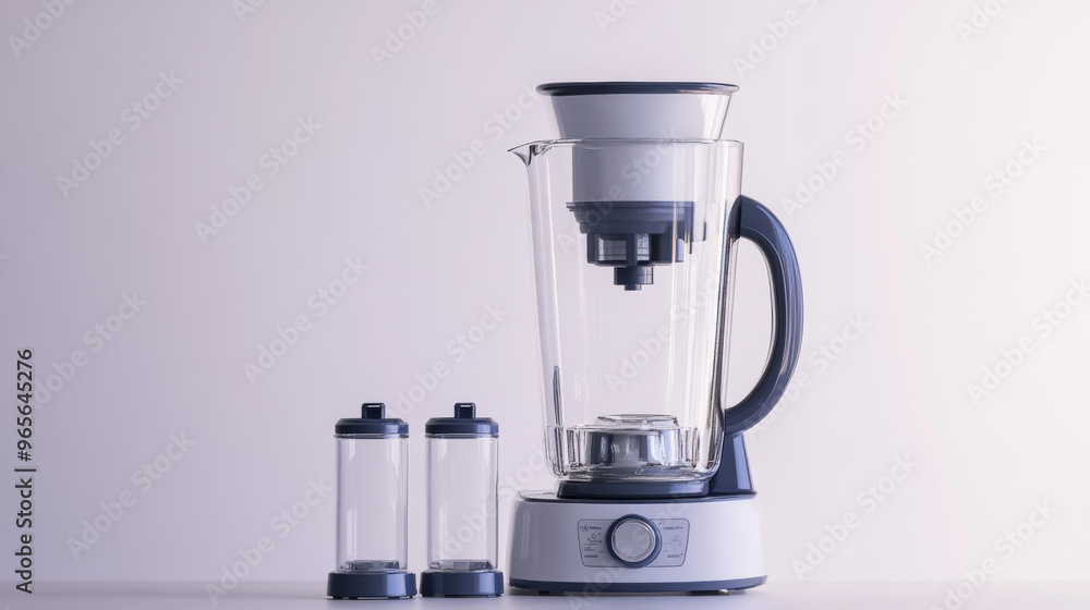 A blender with different containers, shown against a plain white backdrop. A blender with different containers, shown against a plain white backdrop.