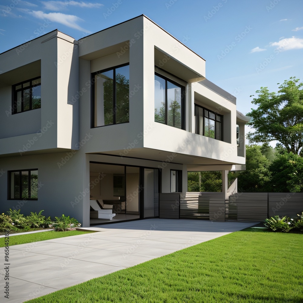 Fototapeta premium Modern luxury house with a well-manicured lawn..