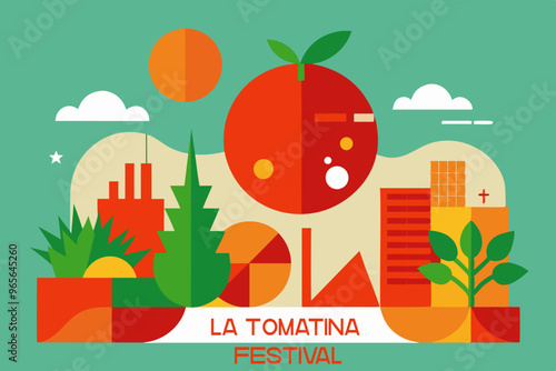 An illustration of a tomato with leaves against a green background