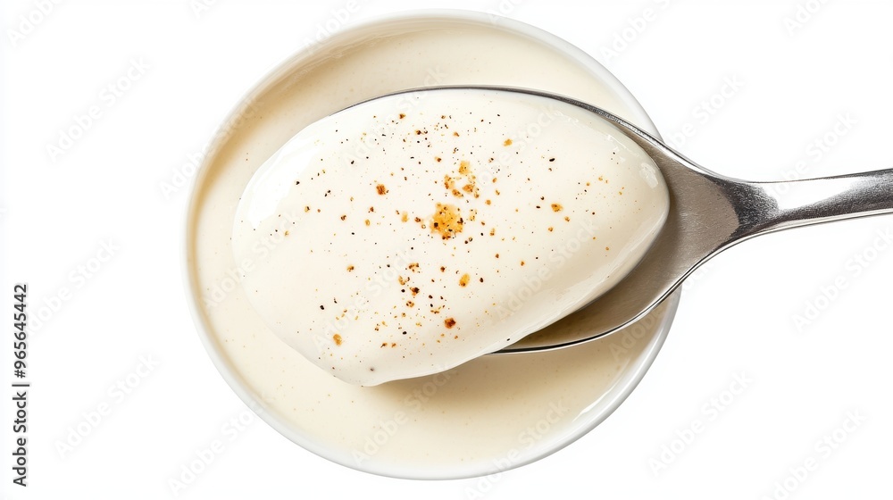 Metal spoon dipping into small bowl of creamy sauce Metal spoon dipping into small bowl of creamy sauce