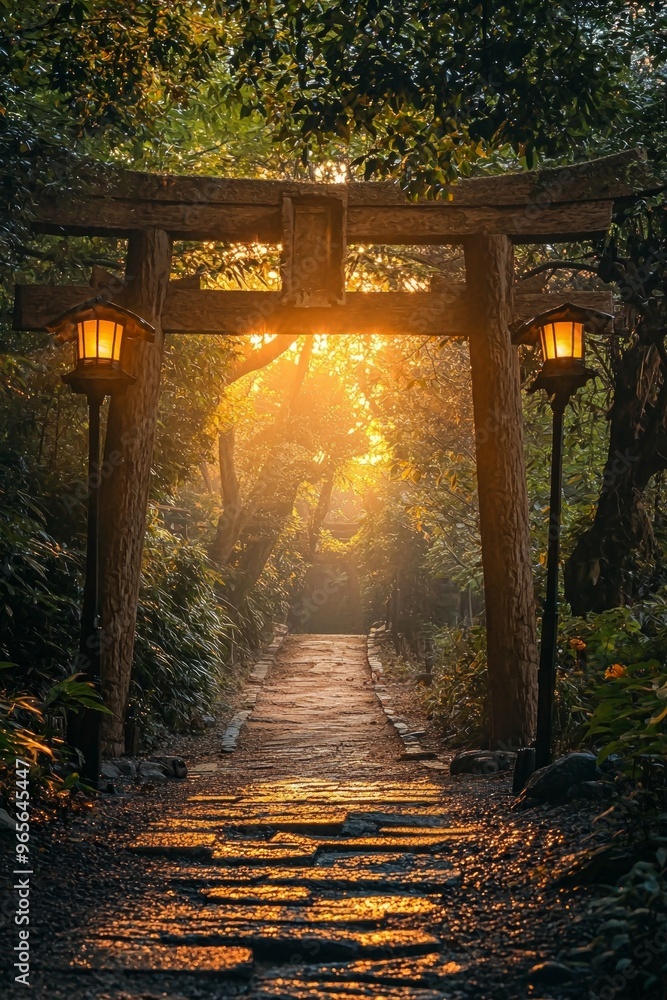 Obraz premium A beautiful torii gate on a path toward a mountain with beautiful lighting 