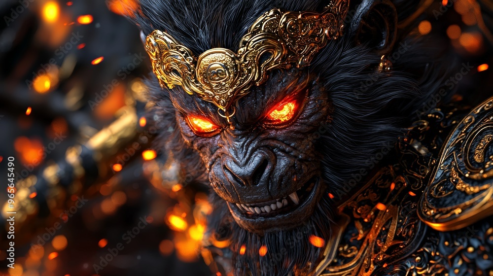 Dark Wukong The Monkey King, corrupted by dark energy, with glowing red eyes and a sinister aura Dark Wukong The Monkey King, corrupted by dark energy, with glowing red eyes and a sinister aura