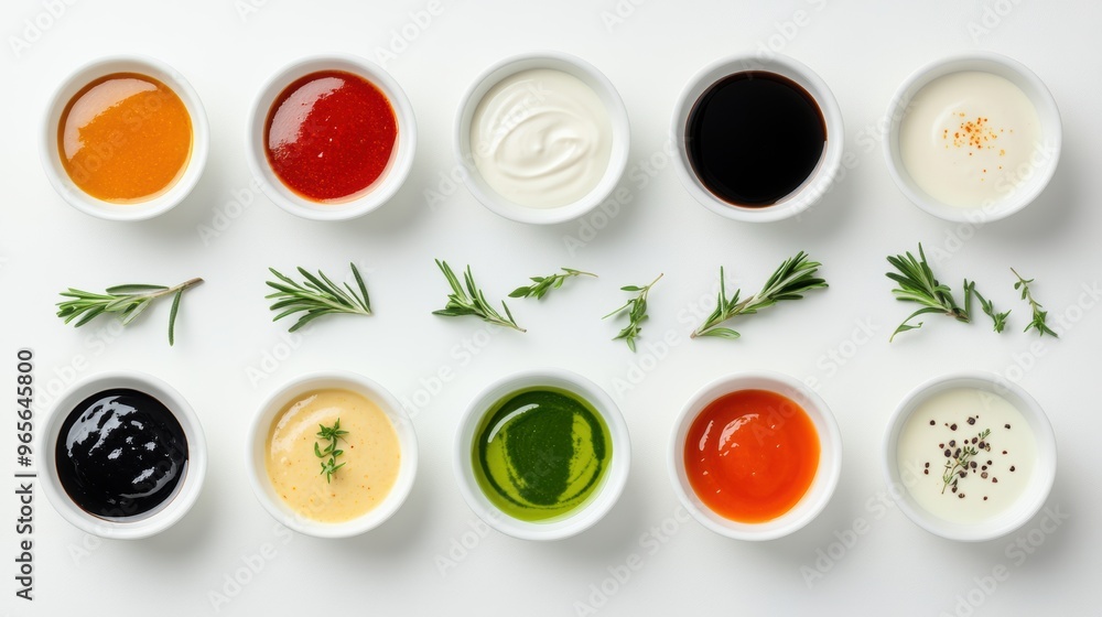 Variety of sauces in small white bowls forming a square shape Variety of sauces in small white bowls forming a square shape
