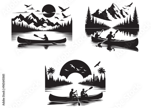 Man kayaking on mountain lake vector silhouette, canoe lake silhouette, kayaking silhouette, adventure kayaking silhouette vector, kayak canoe outdoor adventure t-shirt design logo