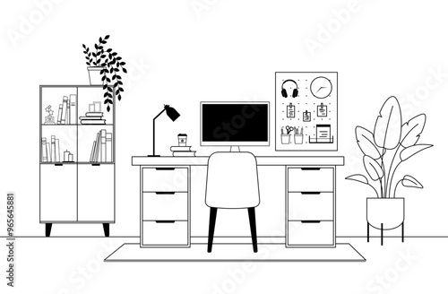Office workplace interior with furniture. Workplace with computer and bookshelf. Flat design vector illustration.
