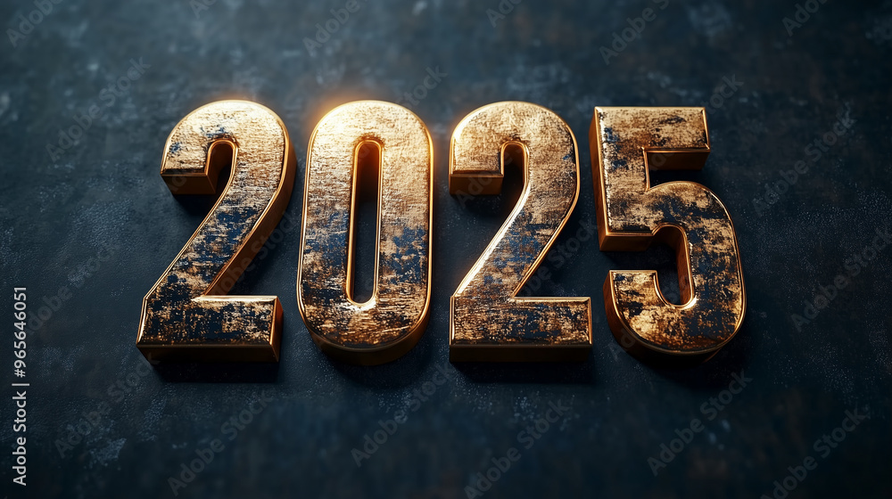 Shimmering golden 2025 against a dark textured background symbolizing new beginnings and hope Shimmering golden 2025 against a dark textured background symbolizing new beginnings and hope