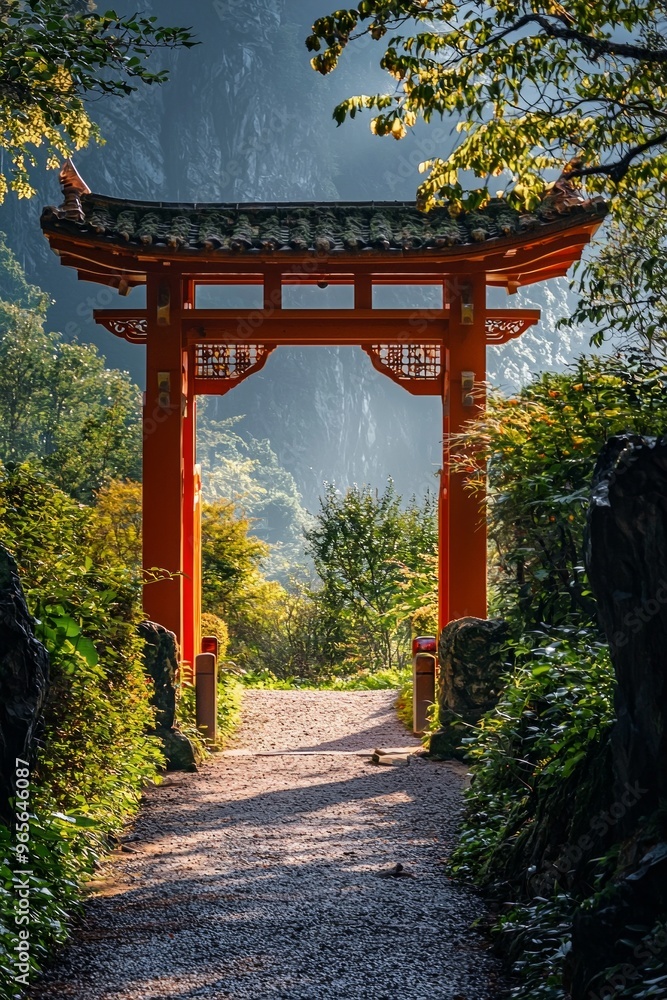Obraz premium A beautiful torii gate on a path toward a mountain with beautiful lighting 