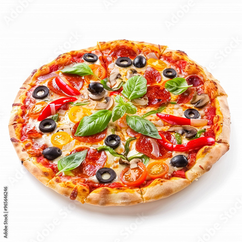 Pizza isolated on white background, online delivery from pizzeria, take away and fast food concept photo