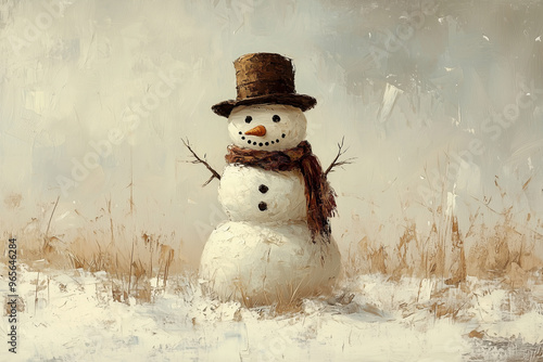 A charming vintage oil painting of a snowman standing proudly in a winter landscape