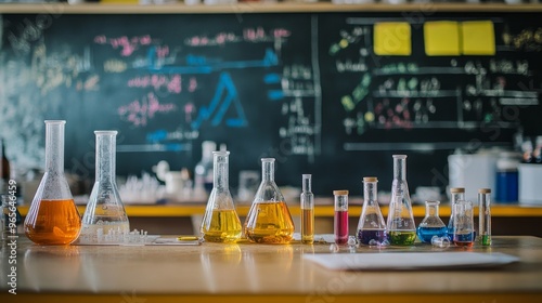 A table with many glass beakers and bottles of various colors. The table also has a piece of paper with writing on it. Scene is scientific and experimental