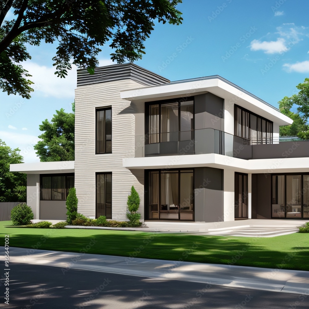 Fototapeta premium Modern luxury house with a well-manicured lawn..