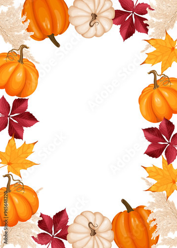 Autumn-themed vector illustration of a frame with pumpkins, leaves, and decorative elements. Ideal for banners, invitations, or seasonal designs.