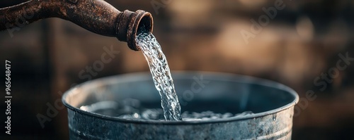 Water flowing from an old-fashioned hand pump into a metal bucket, vintage hand water pump, traditional water supply photo