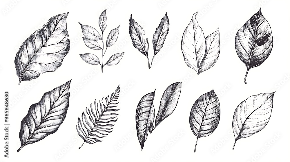 Artistic Hand-Drawn Botanical Leaves: Nature and Plant Motifs in Detailed Ink Work Artistic Hand-Drawn Botanical Leaves: Nature and Plant Motifs in Detailed Ink Work
