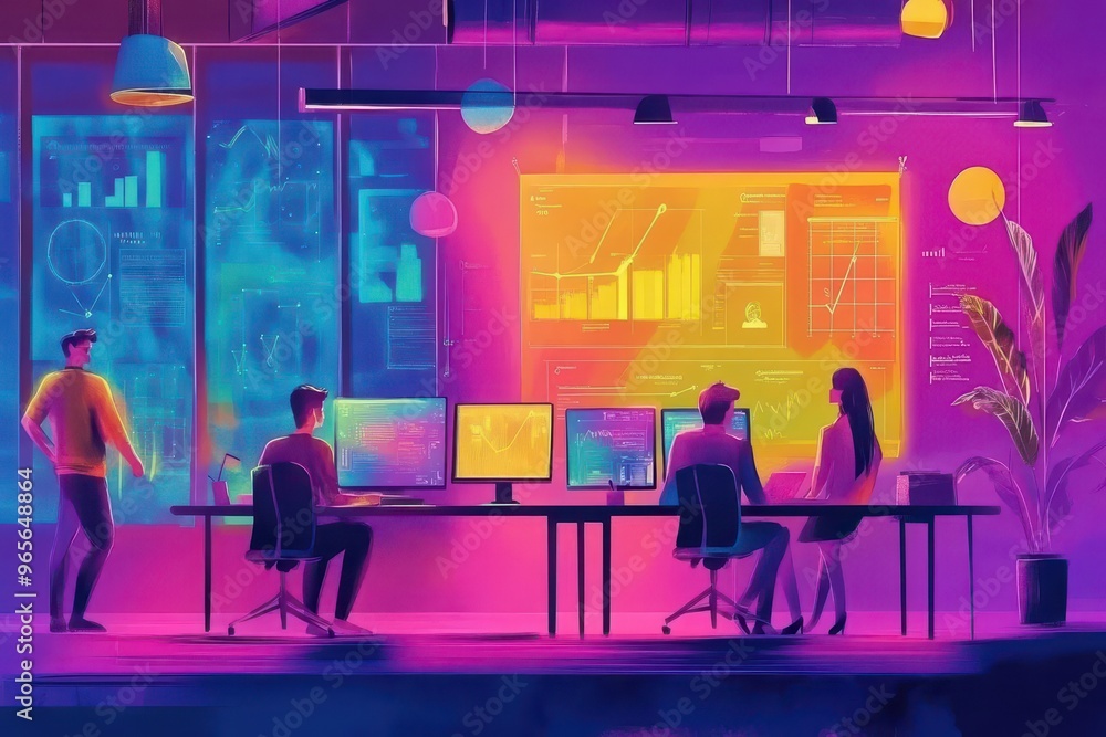 Digital startup office with entrepreneurs working on AR interfaces, holograms of growth charts, vibrant colors, Pop art, Illustration, bold lines Digital startup office with entrepreneurs working on AR interfaces, holograms of growth charts, vibrant colors, Pop art, Illustration, bold lines
