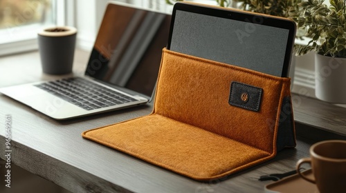 A laptop sleeve mockup with custom embroidery or branding, placed on a desk next to a matching laptop photo