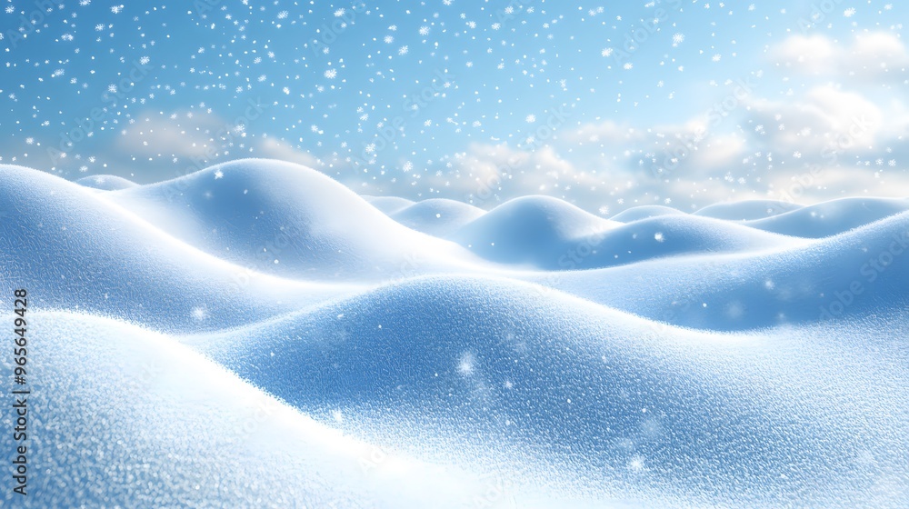 Snowy hills and snowflakes gently falling under a crisp blue sky, cartoon style with space for text or design. Snowy hills and snowflakes gently falling under a crisp blue sky, cartoon style with space for text or design.