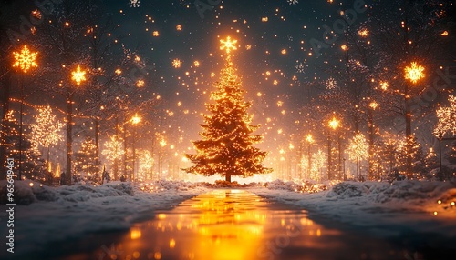 Fantastic winter landscape with christmas tree. 3D rendering. Christmas background with christmas tree, snow and stars. Beautiful christmas night.