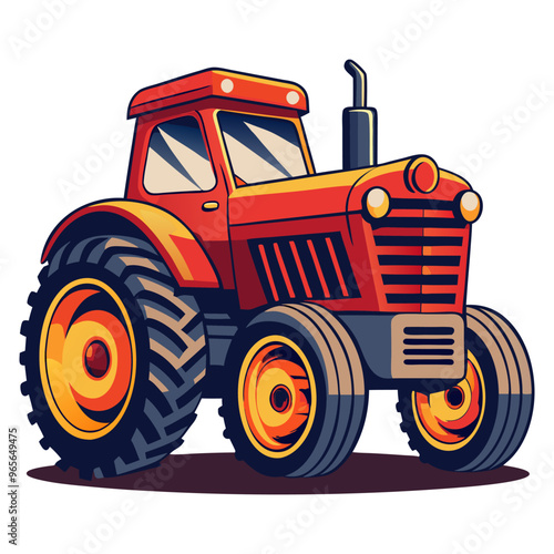 Vintage retro-style classic farm tractor vehicle is depicted in side and front views. The vector illustration of a modern flat-color tractor represents an agriculture concept outline and farm tractor 