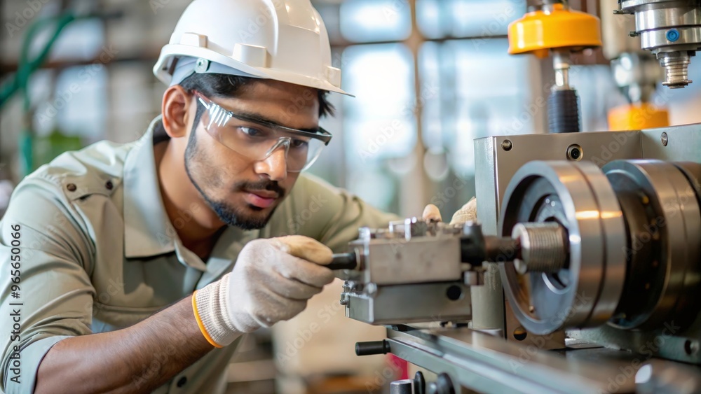 An Indian technician skillfully repairing or maintaining industrial machinery, showcasing technical expertise. An Indian technician skillfully repairing or maintaining industrial machinery, showcasing technical expertise.