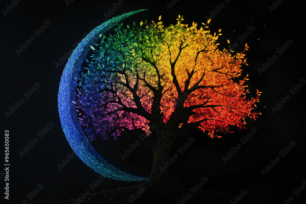 custom made wallpaper toronto digitalA vibrant tree with rainbow leaves, intertwined with a crescent moon against a dark background.