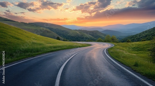 Winding Road Through Mountain Pass at Sunset