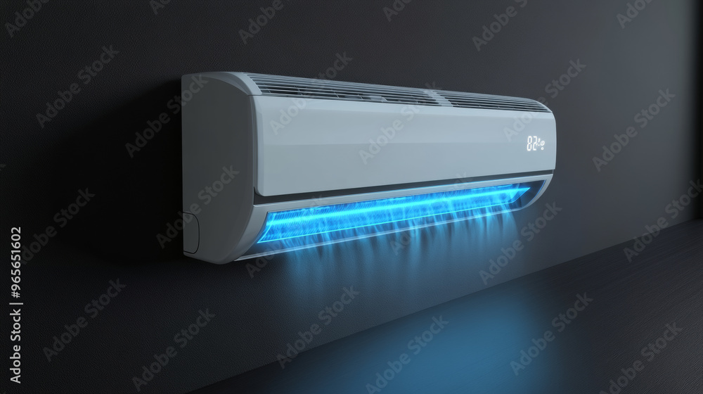 A modern air conditioner that cools your home or office, turning on and off to keep the temperature just right. This 3D illustration shows how it works. A modern air conditioner that cools your home or office, turning on and off to keep the temperature just right. This 3D illustration shows how it works.