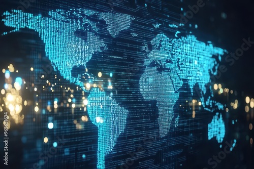 A massive global map made of binary code, showing how different countries technologies are being integrated through shared software platforms