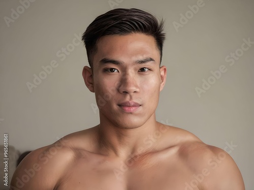 Bare-chested Handsome and Muscular Asian Man Looking at Camera Sitting on The Sofa Portrait