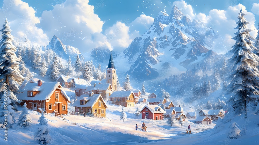Snowy village with charming homes, frosty trees, and a majestic mountain range in the background, 3D cartoon winter vector design. Snowy village with charming homes, frosty trees, and a majestic mountain range in the background, 3D cartoon winter vector design.