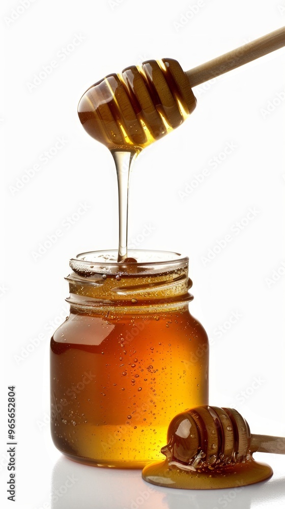 A jar of golden honey with a dipper dripping honey, creating a warm and tranquil scene with rich color contrast on a white surface. A jar of golden honey with a dipper dripping honey, creating a warm and tranquil scene with rich color contrast on a white surface.
