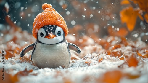 Extreme longest shot of Penguin wearing a pumpkin hat waddling through a snowy Halloween landscape, [Halloween penguin], [cute holiday pet] photo