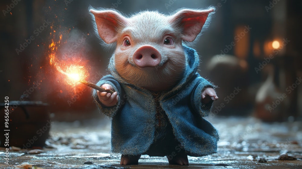 Φωτογραφία Extreme longest shot of Pig in a wizard's robe casting a spell with a glowing wa